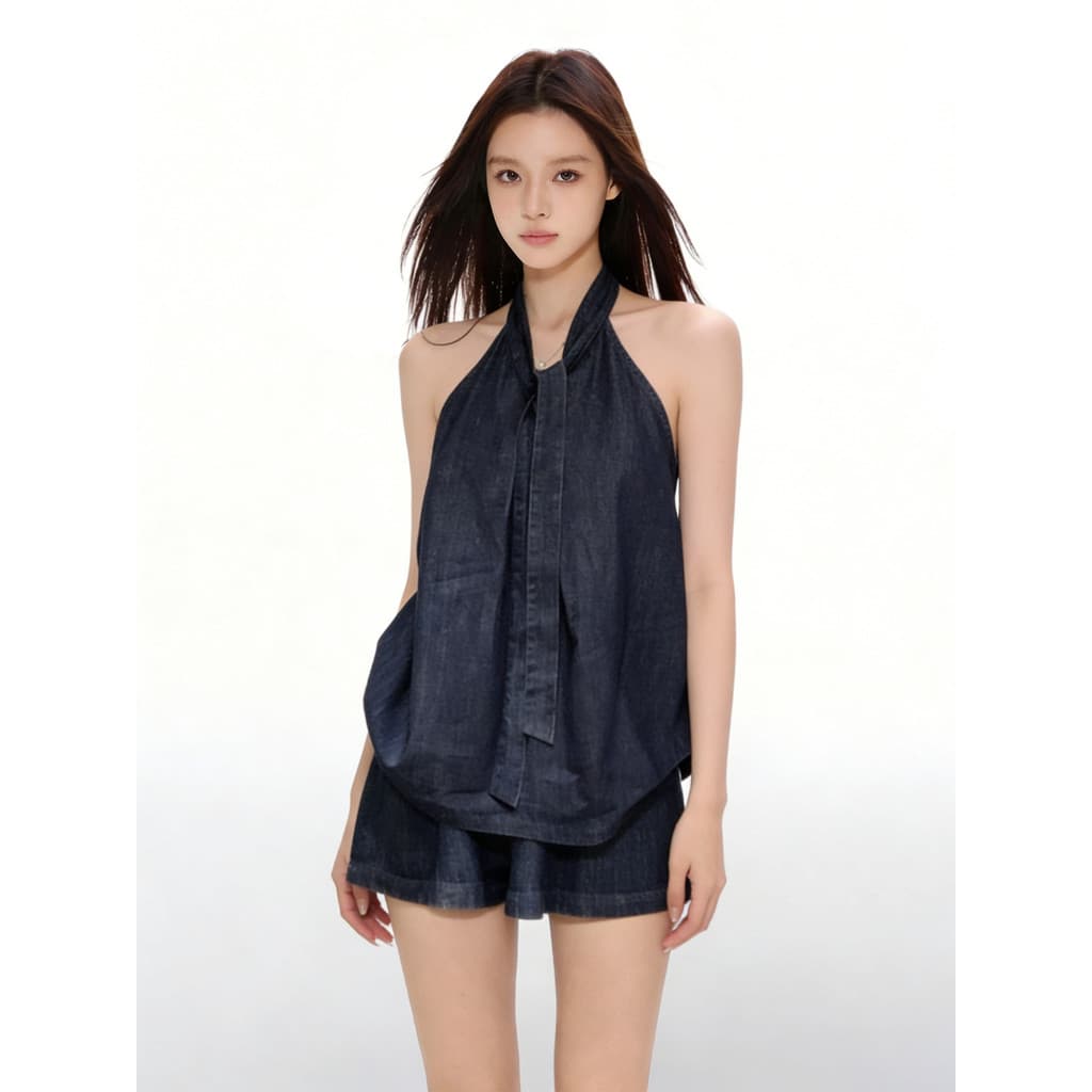 Verão Wear terno macio respirável Halterneck solto topo feminino 2026 novo estilo Casual Shorts de perna larga terno de