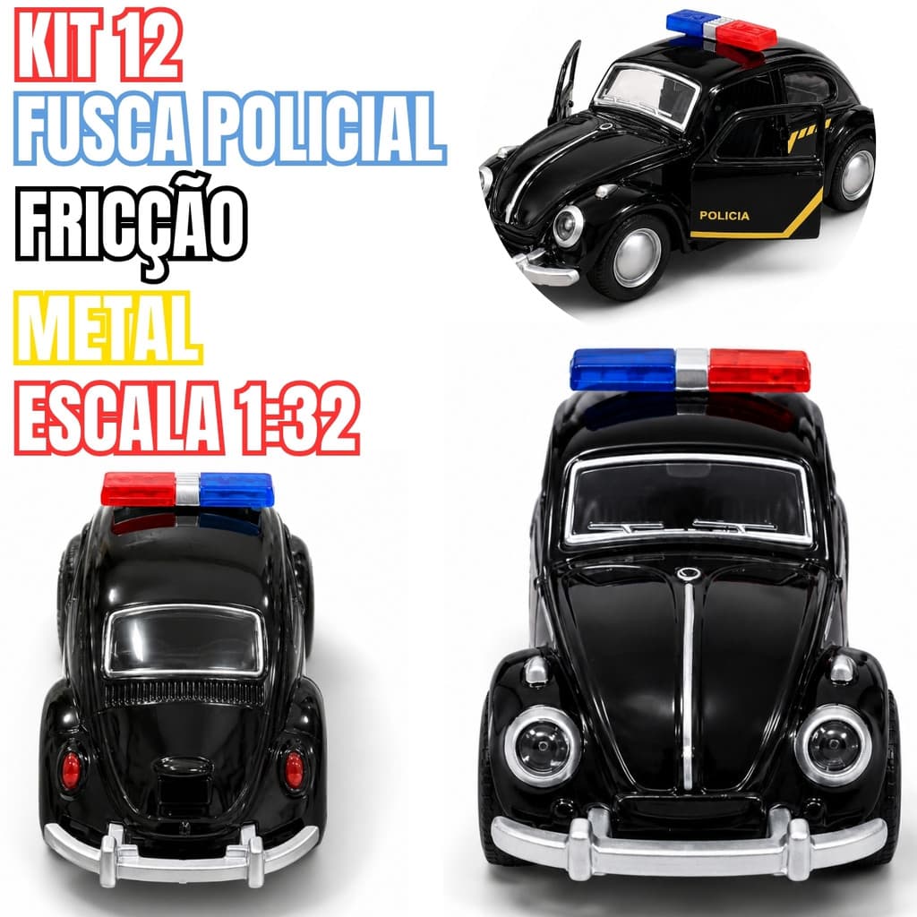 Kit 12 Fuscas Policiais 12cm Metal Fricção Miniaturas Colecionáveis