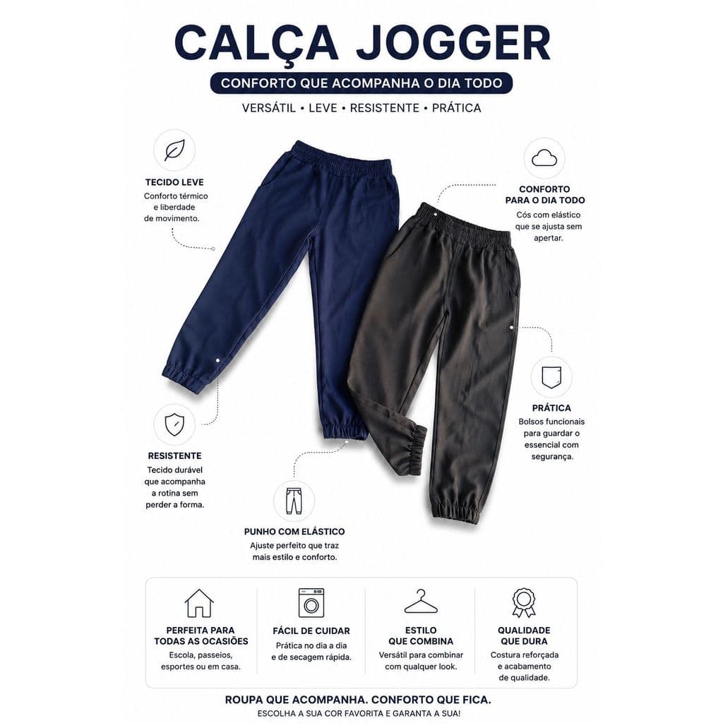 CALÇA INFANTIL/JUVENIL MASCULINA JOGGER 2 A 16 ANOS