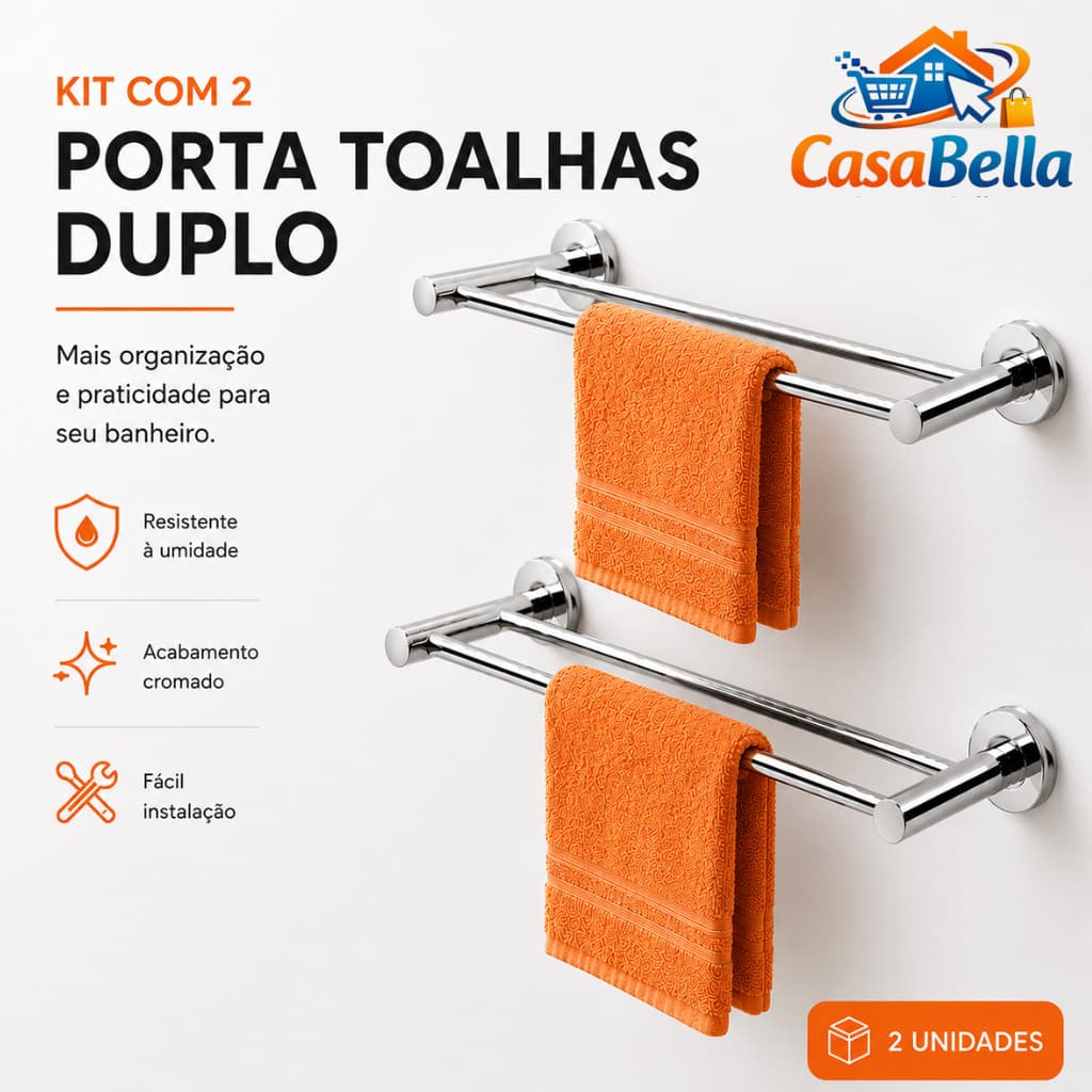 Kit 2 Porta Toalha Banho Duplo Em Metal Para Banheiro Luxo