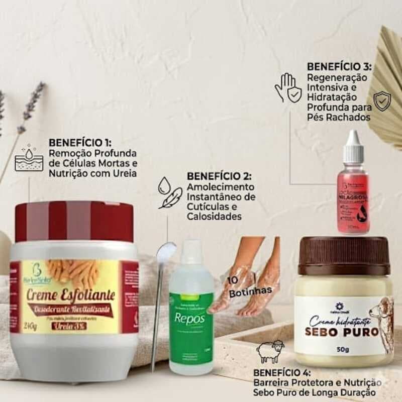 Ki Spa Dos Pés  Repos 150ml + Sebo Puro 50g + Loção Milagrosa 30ml + 10 Botinhas + Espátula 222+ Creme Ureia 240 gr