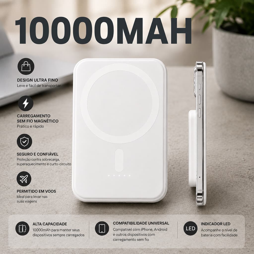Carregador Magnético 10000mAh Ultra Fino 15W Seguro para Viagens