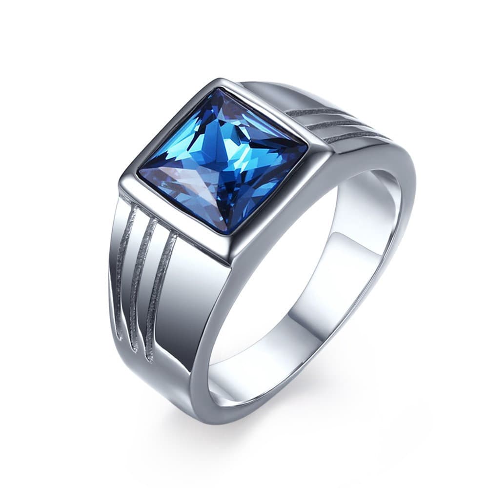 Anel elegante masculino Vnox, feito de aço inoxidável, incrustado com uma pedra preciosa azul retangular, uma peça de jo