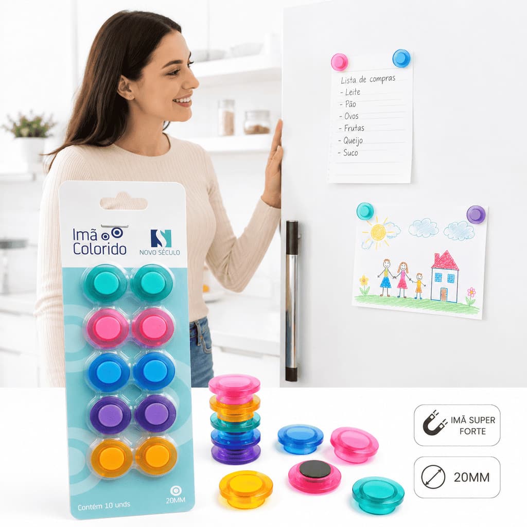 Kit 10 Ímãs Coloridos Redondos Geladeira quandro Foto Recado