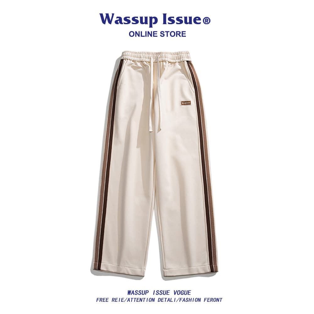 WASSUP ISSUE Estilo Americano Lado Contraste Cor Calças Esportivas Homens Estilo Primavera Outono Solto Perna Larga Reta