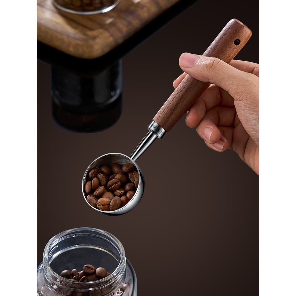 Colher medidora de café em aço inoxidável 304, colher medidora quantitativa com cabo de nogueira, colher medidora de pó