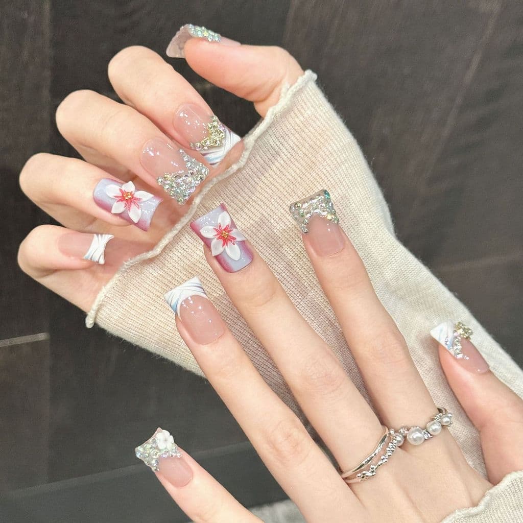 Gradiente piscando diamante falso adesivos de unhas francês Duckbill adesivos de unhas adesivos de unhas flores requinta