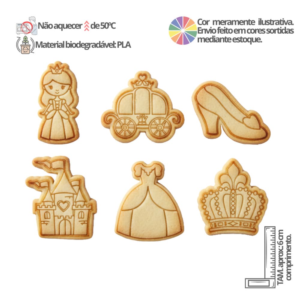 Kit 6 Cortadores de biscoito e marcadores Princesa - Cookie, Pasta americana, Confeitaria