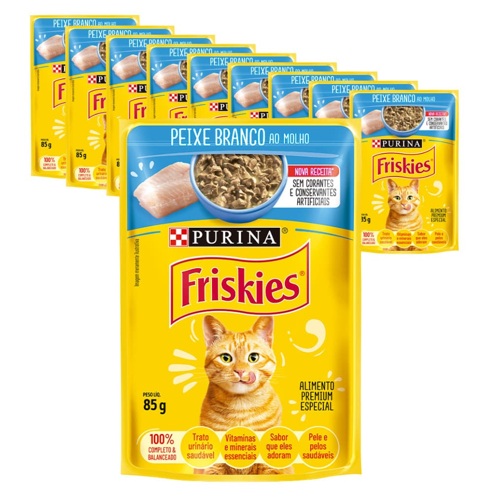 Ração Úmida Purina Friskies Sachê para Gatos Adultos sabor Peixe Branco 85g - KIT 10 unids.