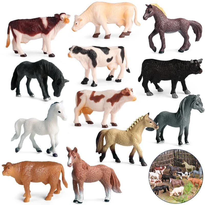 Aves domésticas Conjunto de animais Cavalo Leite Vaca Gado Bezerro Touro OX Figuras de ação Fazenda Figurinhas Adorável