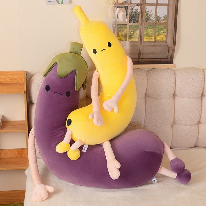 Almofada de pelúcia criativa e divertida, famosa na internet, em forma de berinjela e banana, brinquedo macio de vegetal