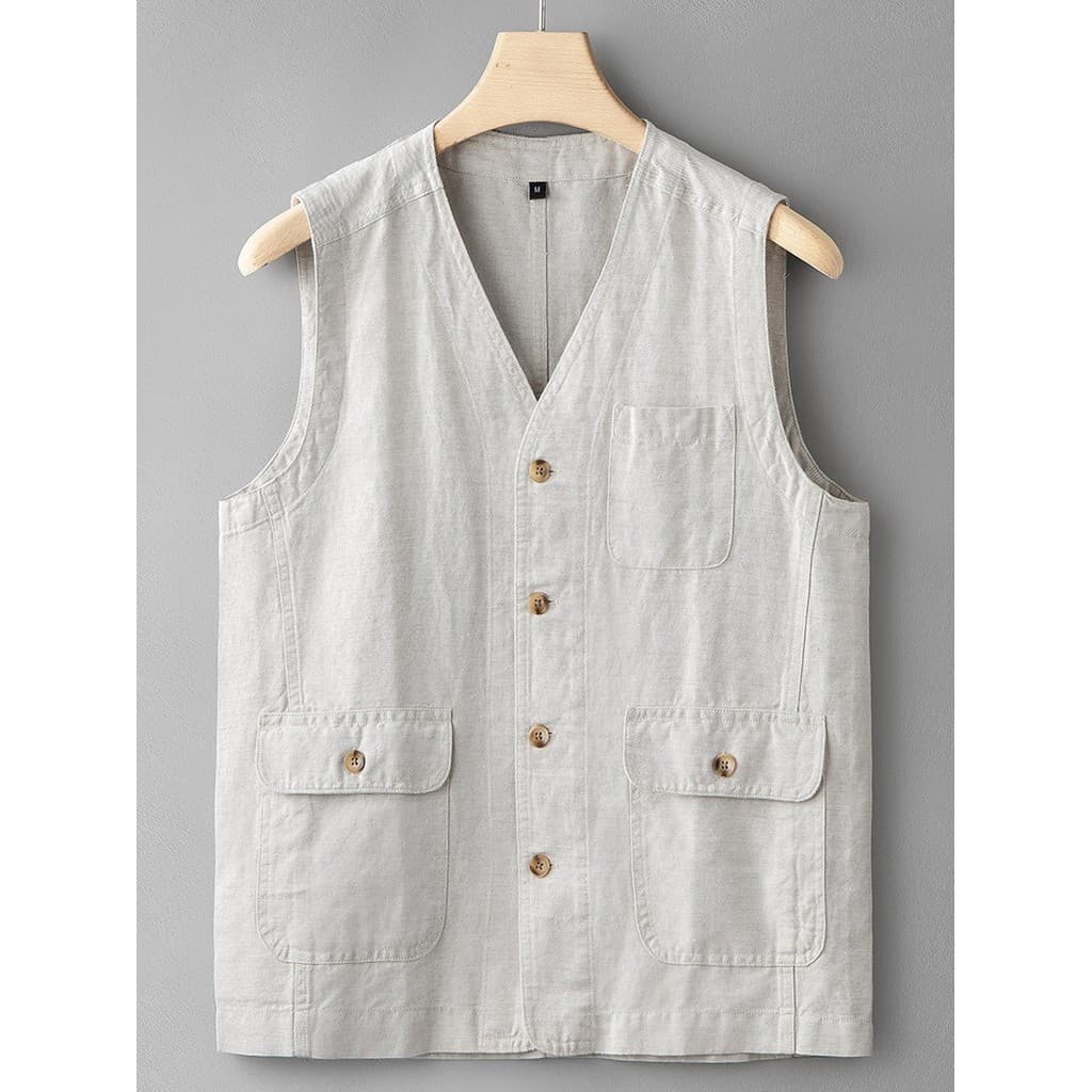 Moda Retro linho Cardigan colete masculino primavera outono com decote em V colete de pesca ao ar livre colete de linho