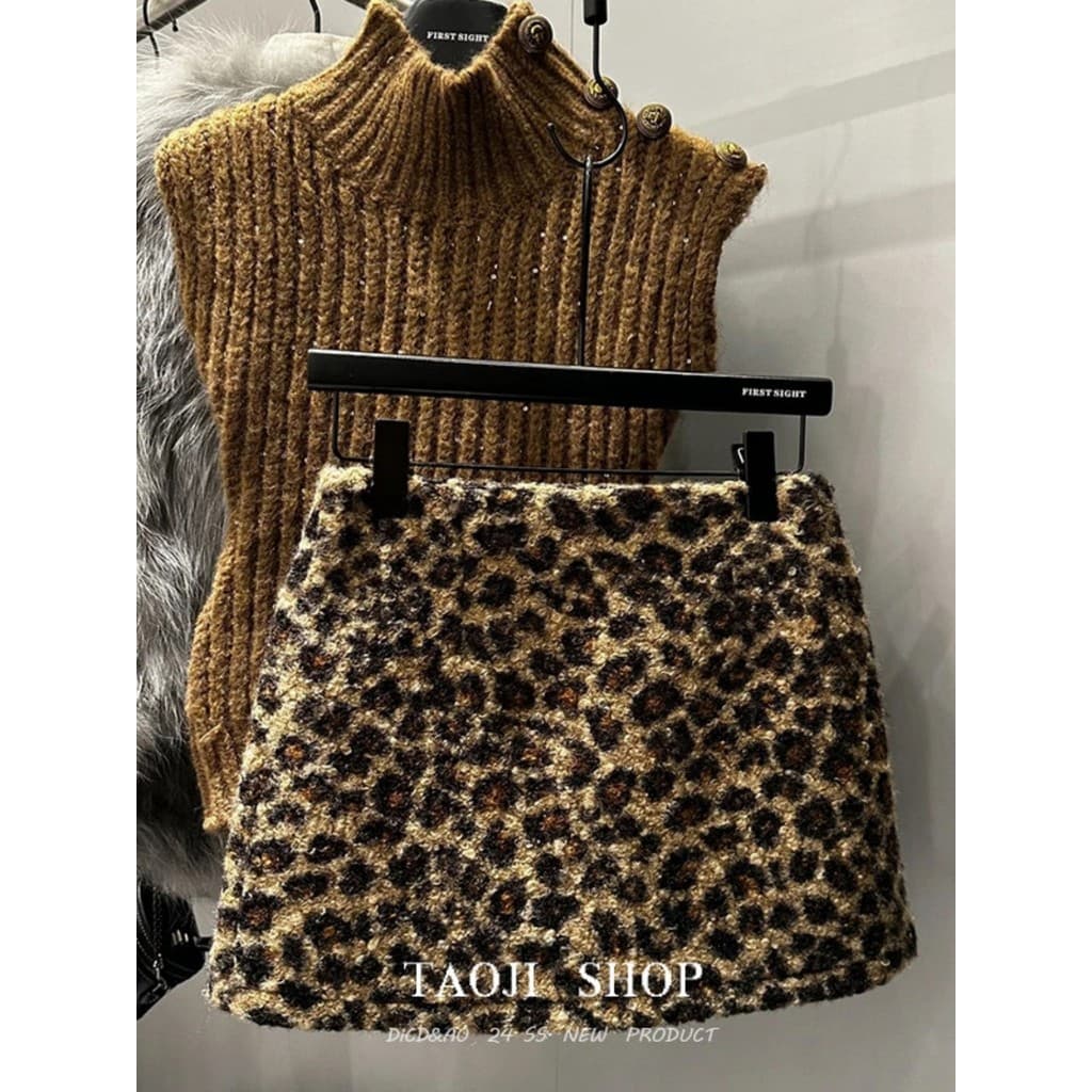Retro temperamento leopardo impressão saia peluda feminina primavera Plus Size americano quente menina cintura alta mais