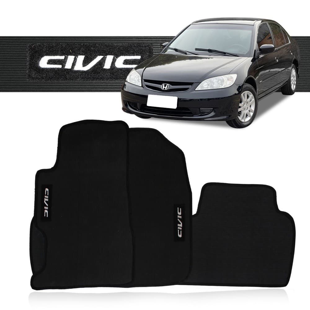 Tapete Honda Civic 2001 a 2006 Borracha Pvc Automotivo Traseira Inteiriça Logo Bordado Preto 3 Peças