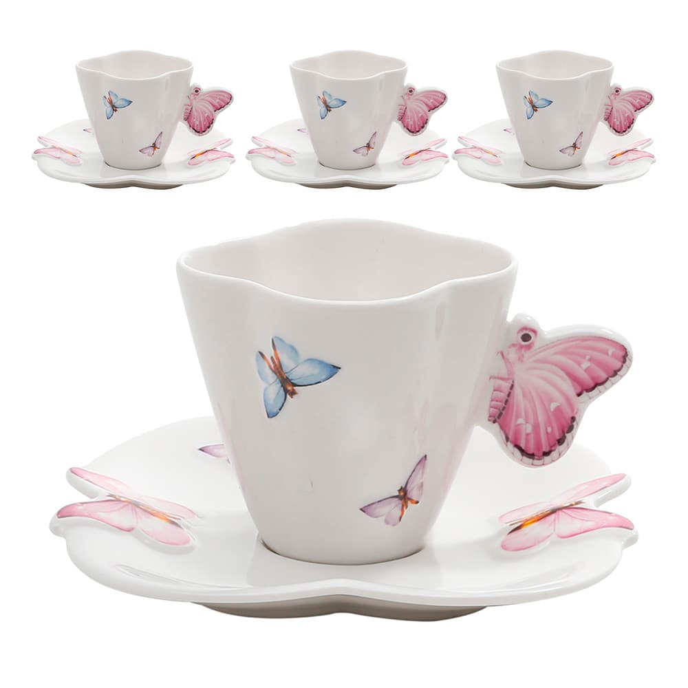 Jogo 4 Xícaras de Café em Porcelana com Pires Borboletas 100ml Wolff