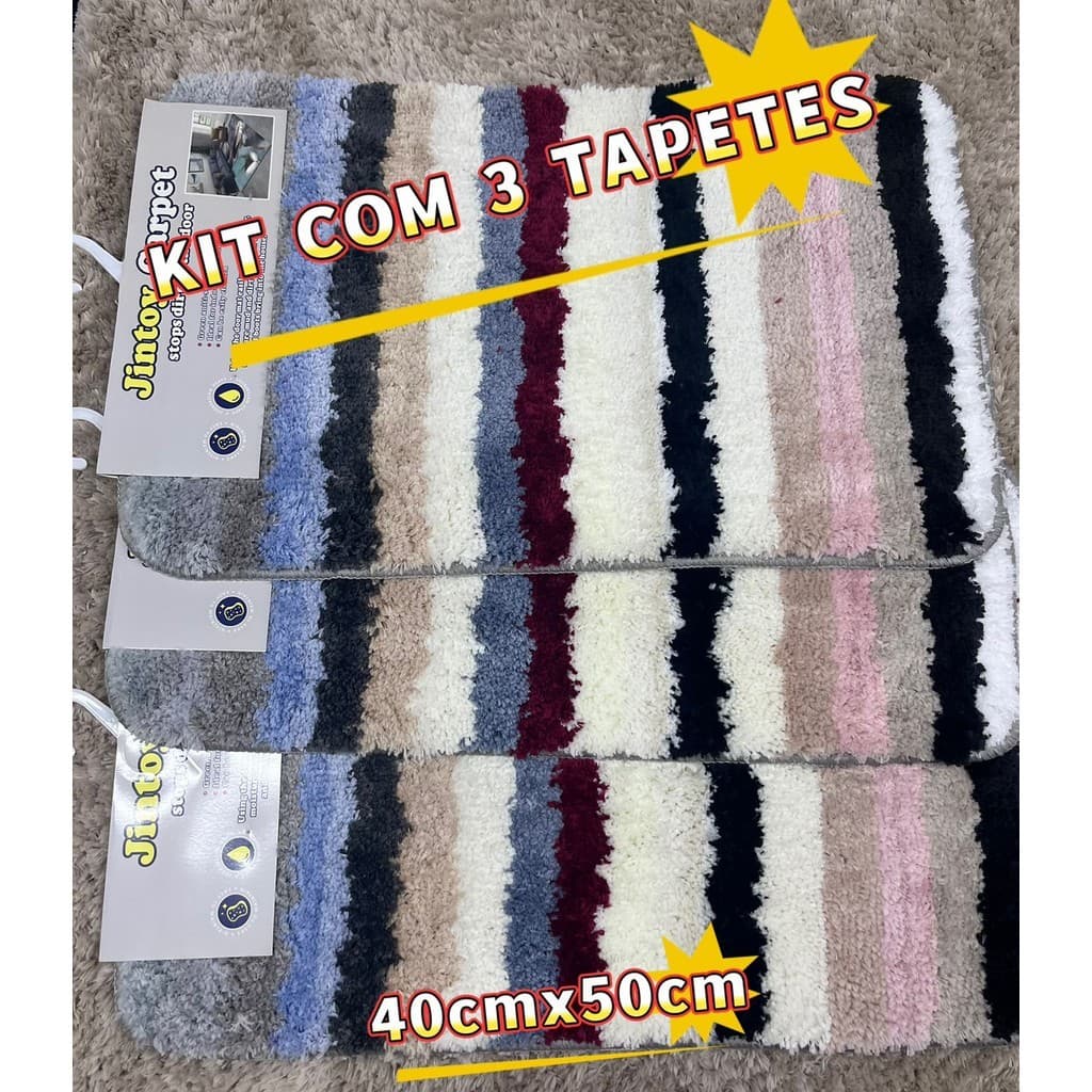 kit com 3 Tapete De Banheiro  Absorve Água Antiderrapante Secagem Rápida 40x50cm
