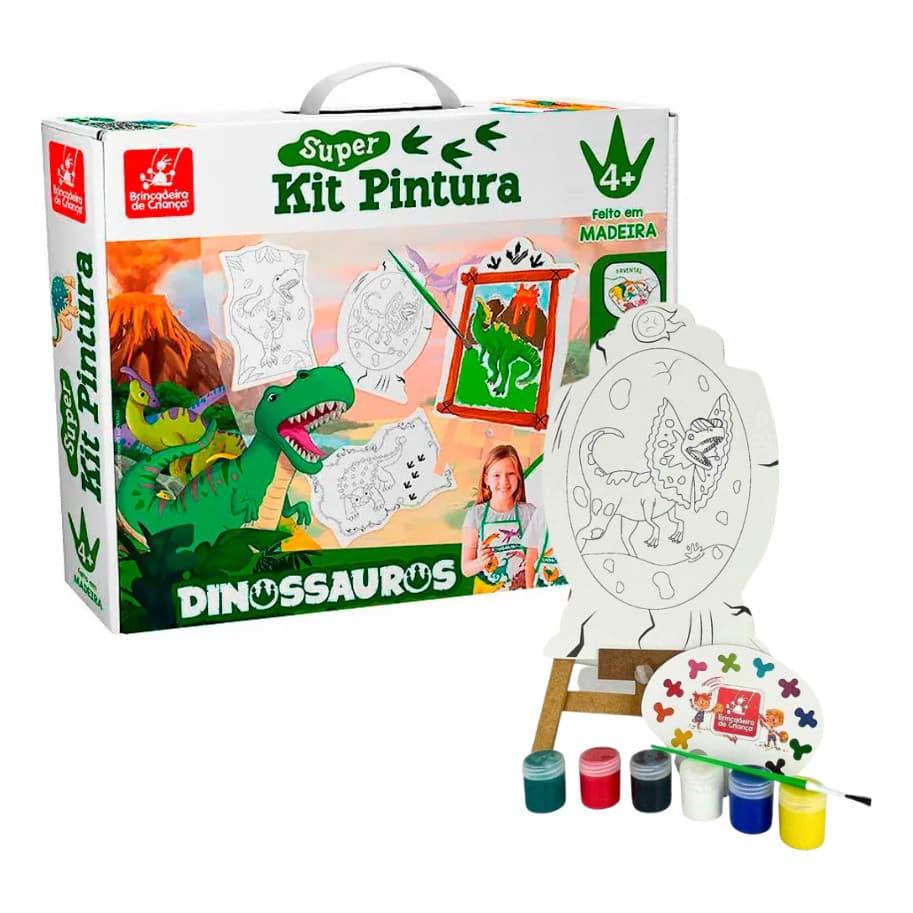 Super Kit de Pintura Dinossauro Infantil: 4 Telas para Pintar + Cavalete de Mesa + 6 Tintas Coloridas + Pincel + Avental