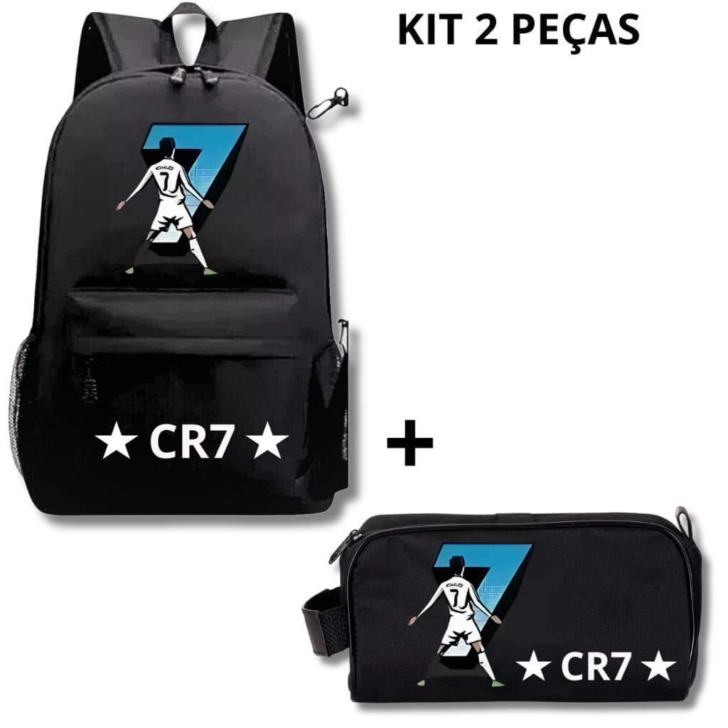 Kit 2 Mochila Cr7 Cristiano Ronaldo + Necessaire Estojo Grande Mochilas Escolar Masculina Bolsa Escolar Menino Futebol