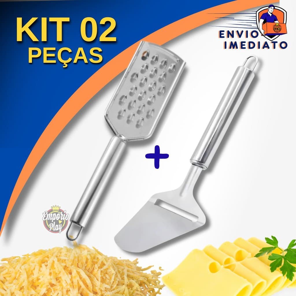 Kit Ralador Grosso + Fatiador Cortador Queijo Cozinha Inox Premium para Cortar e Fatiar Ralar Legumes eMussarela
