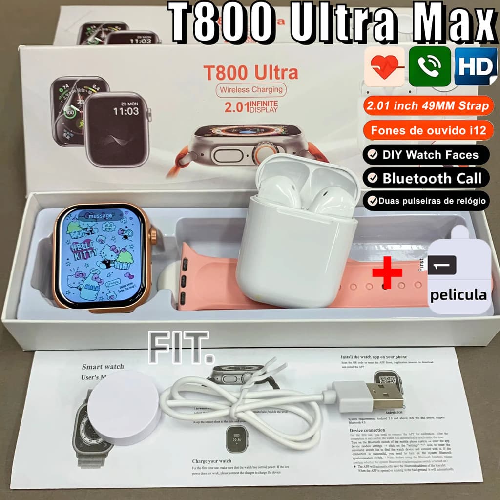 【Fones de ouvido i12 grátis】2025 T800 Ultra SmartWatch 1 : 1 Tela Original Polegadas Série 11 Bluetooth À Prova D'água