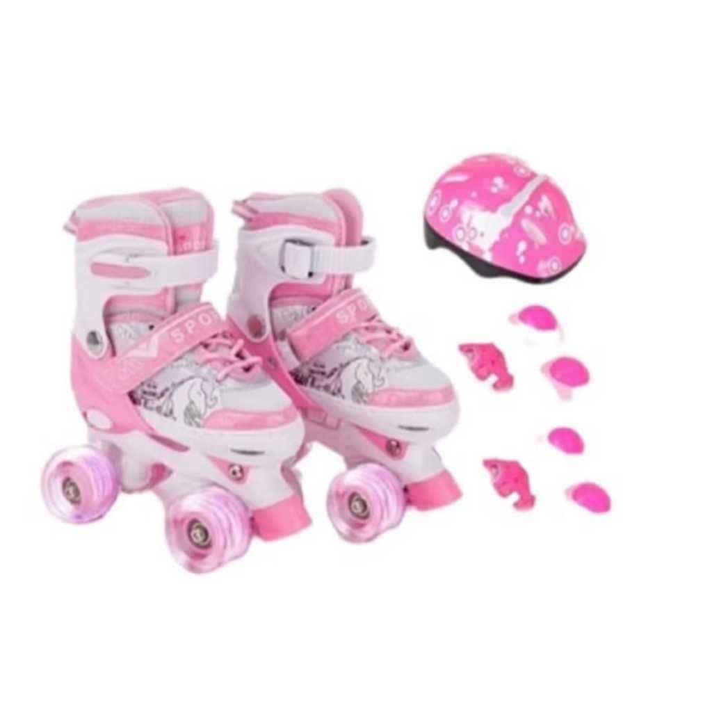 Patins Infantil Quad ROSA Unicórnio Com Regulagem Rodas De Led e Kit De Proteção Promoção