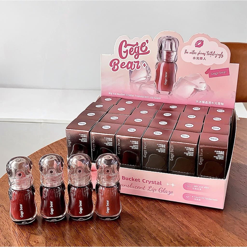 Maquiagem Gege urso grande balde de gelo cristal transparente brilho de água esmalte labial hidratante espelho Toot lábi