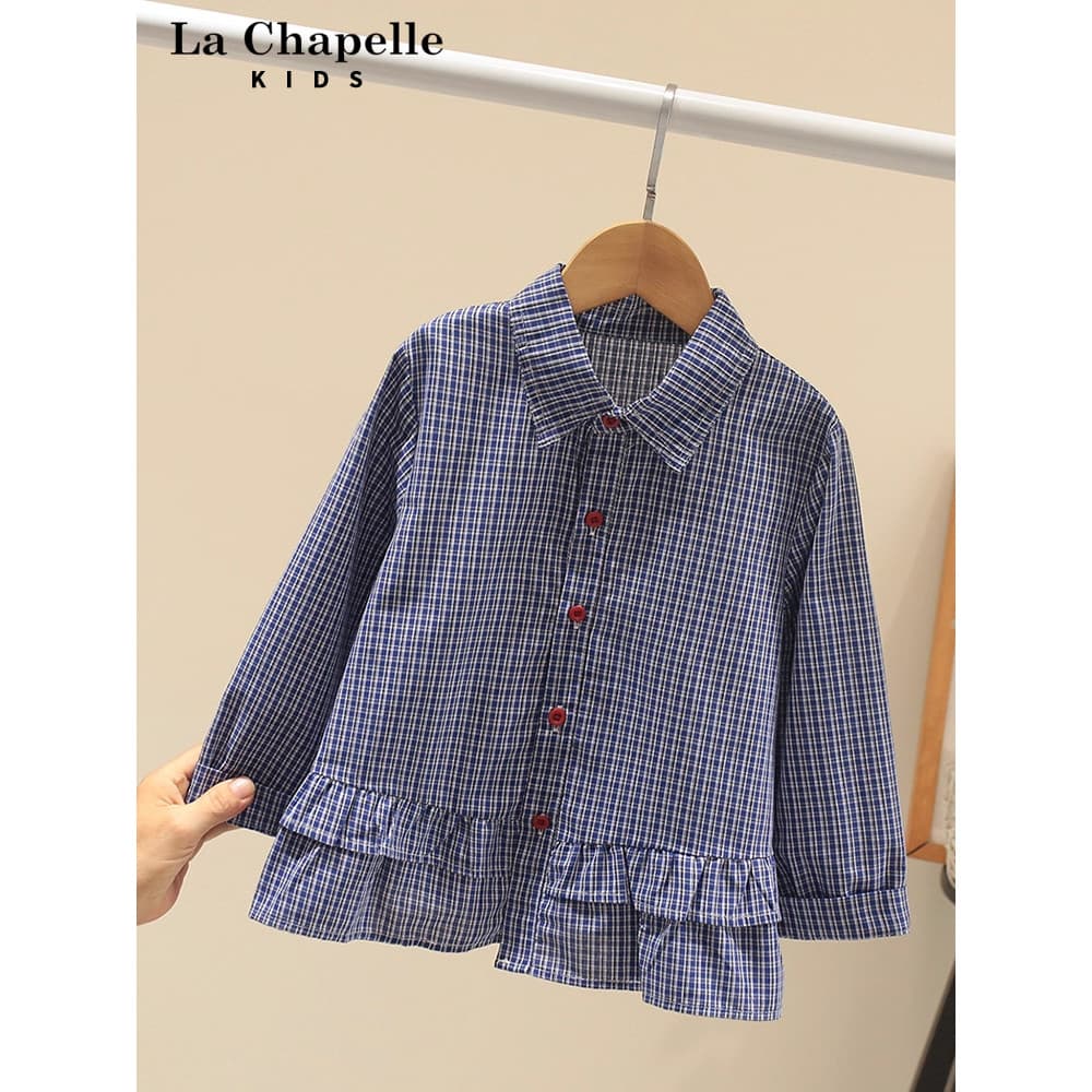 Lacher roupas infantis meninas camisa xadrez roupas de primavera estilo Preppy renda lapela camisa moda primavera outono