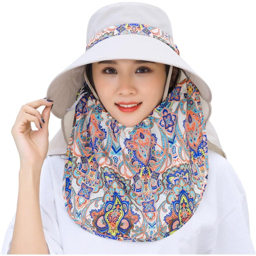 Chapéu de Sol Feminino com Aba Larga e Máscara Facial, Aba para Pescoço Removível, Proteção UV, Chapéu com Visor para Ja