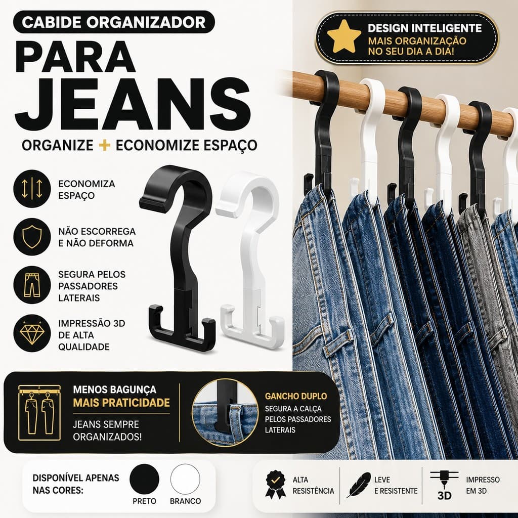 Cabide Organizador para Calça Jeans Impresso em 3D | Gancho Inteligente para Guarda-Roupa | Economia de Espaço | Suporte