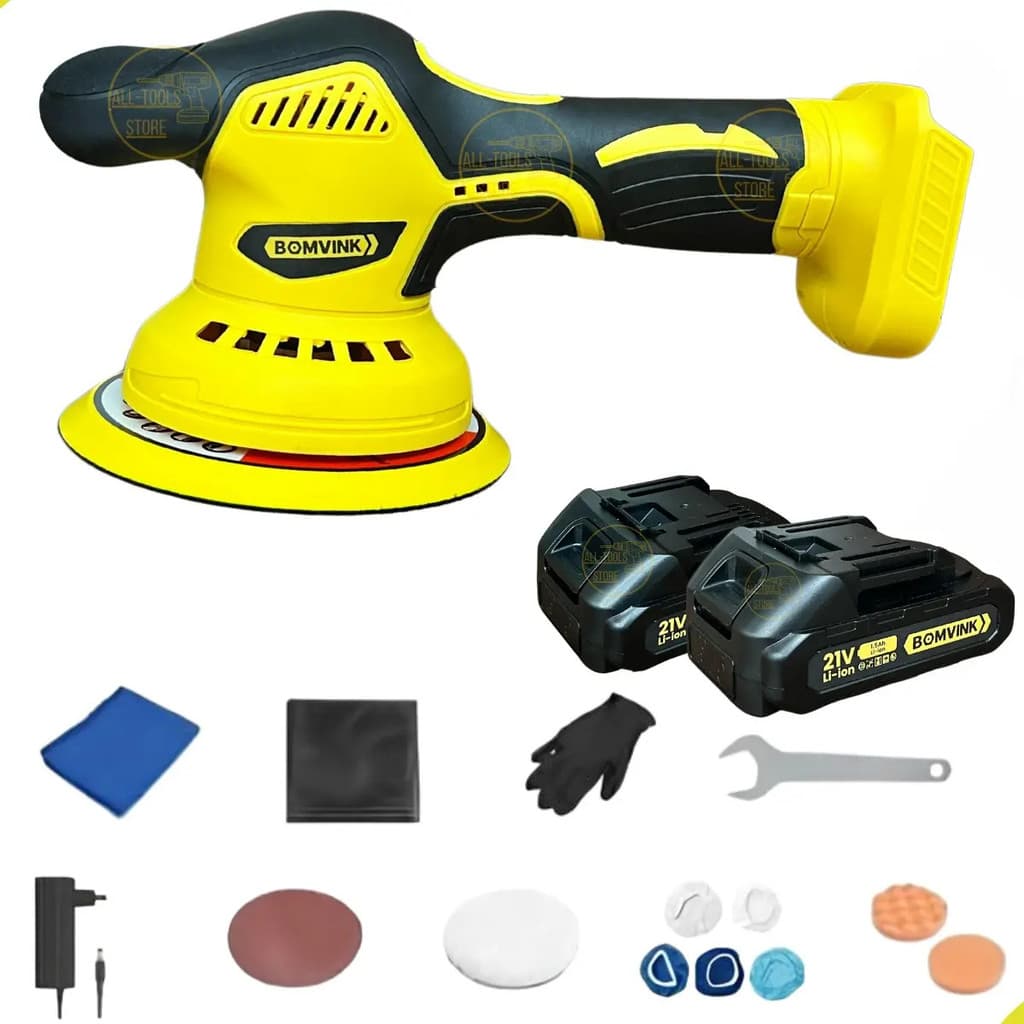 Politriz Orbital Sem Fio 21V 150mm Velocidade Variável Bomvink BOM-9710 + 2 Baterias +10 Acessórios Polimento Automotivo