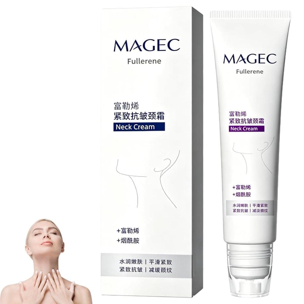 MAGECC Collagen Fullerene Magic Neck Cream, um creme para o pescoço com 5 rolos, contém peptídeos de colágeno, oferece c