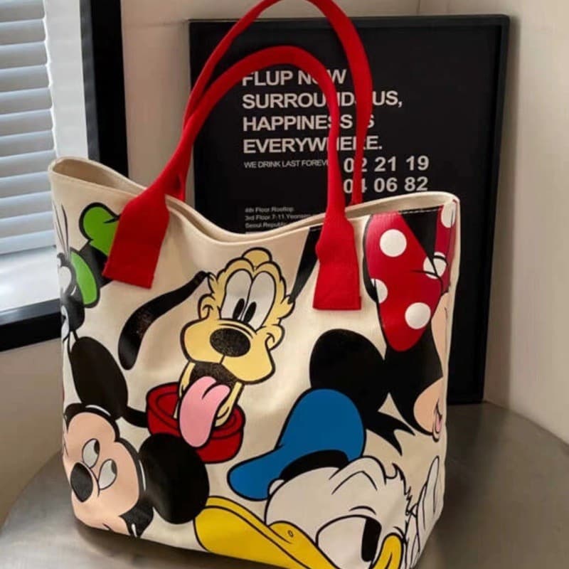 Bolsa de Ombro Feminina de Lona Versátil e de Grande Capacidade com Estampa do Mickey, Bolsa Casual para Estudantes