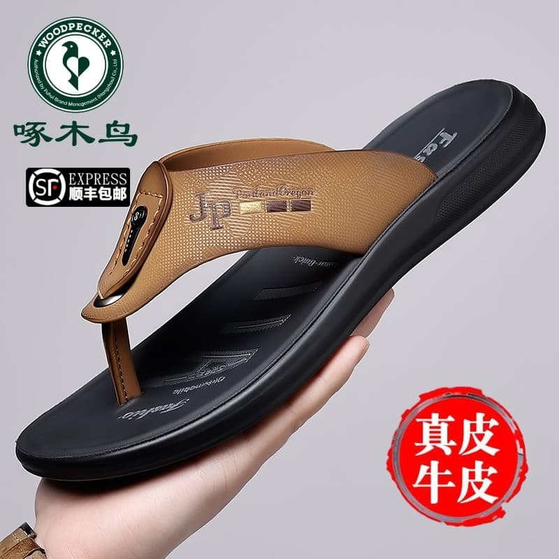 Woodpecker sandálias masculinas de couro genuíno Flip-Flops verão ao ar livre Wear antiderrapante respirável sapatos de