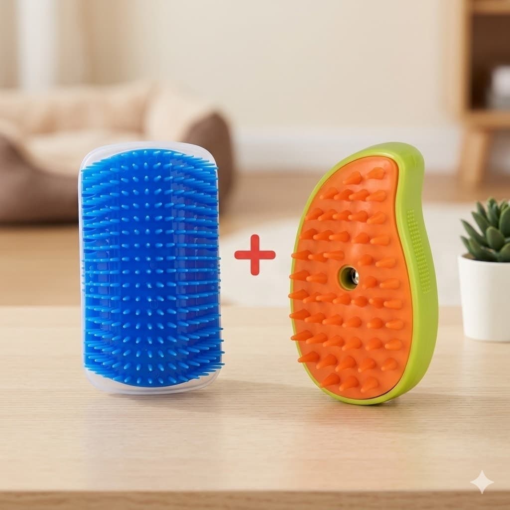 Kit Escova a Vapor Removedora de Pelos + Massageador para Gatos