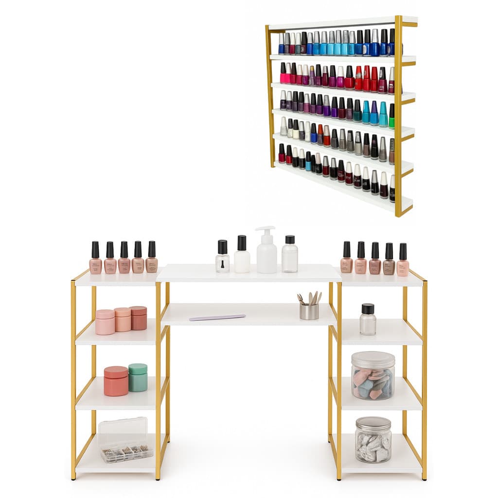 Kit Completo Manicure – Mesa 1,5m + Expositor MDF Branco com Estrutura Metalon