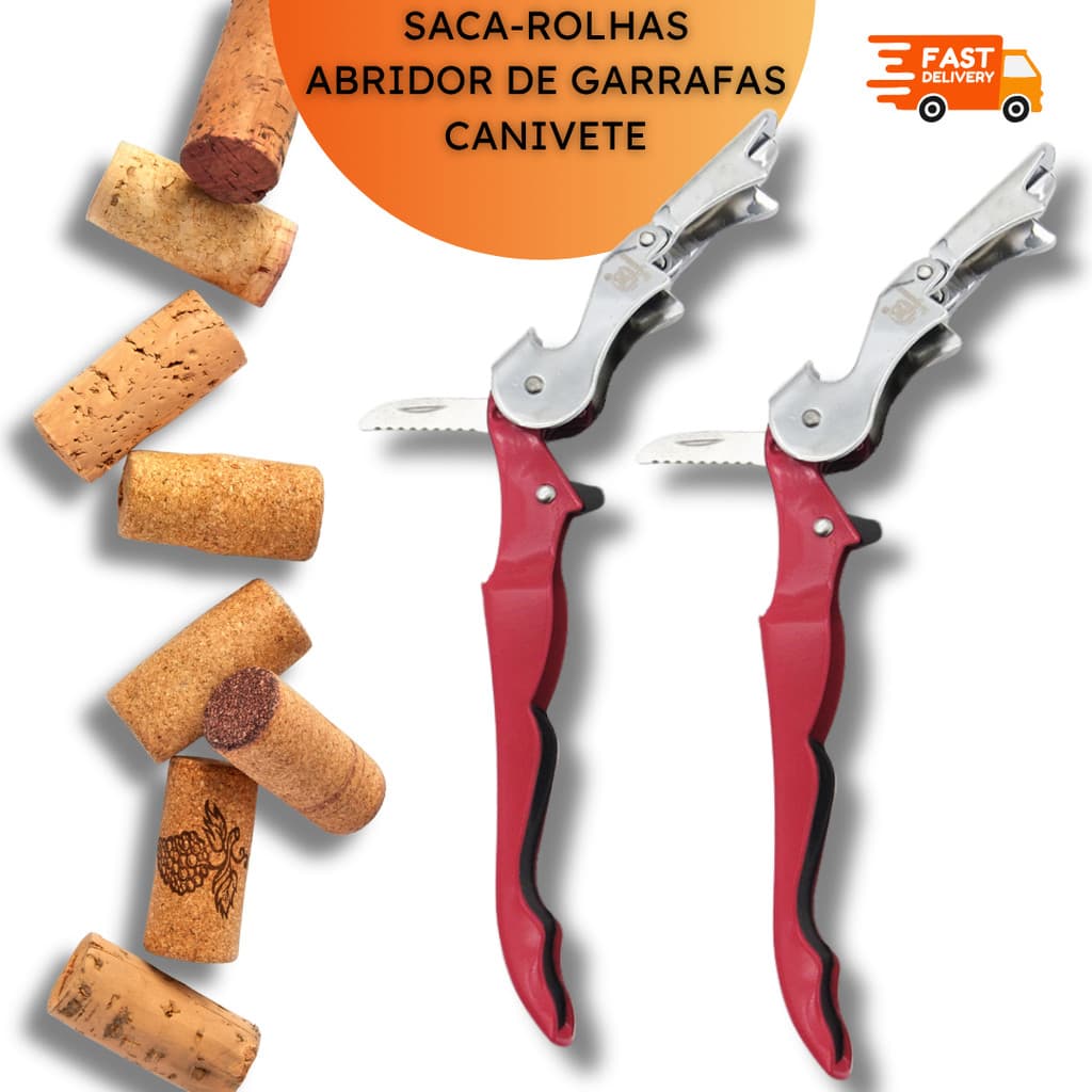 Saca Rolhas 3 em 1 Abridor Garrafas Mini Canivete Aço Inox - 1, 2 ou 5 unidades