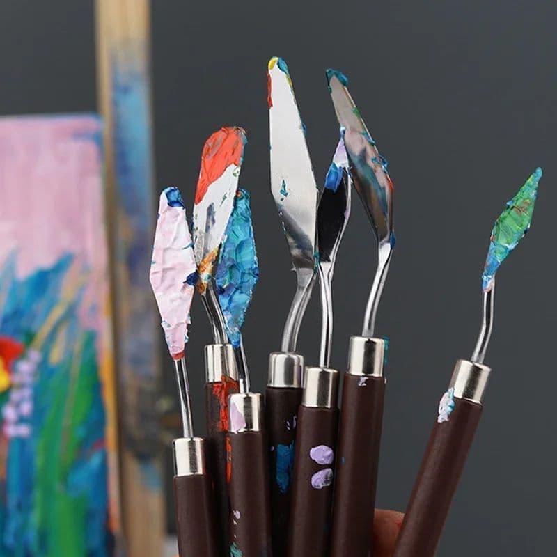 Espátulas Artísticas Para Pintura Kit 7 Peças Aço Inox Cabo Madeira