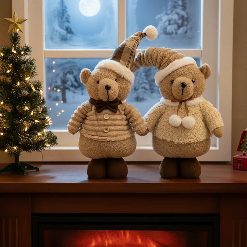 Casal Urso Pelucia Natalino Marrom E Bege 53cm Decoração Luxo Natal