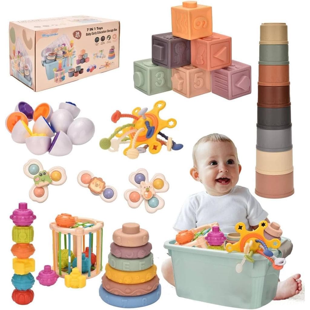 Brinquedos para Bebês, Brinquedos Sensoriais Montessori 7 em 1 para Crianças Pequenas, Blocos de Empilhar para Bebês, An
