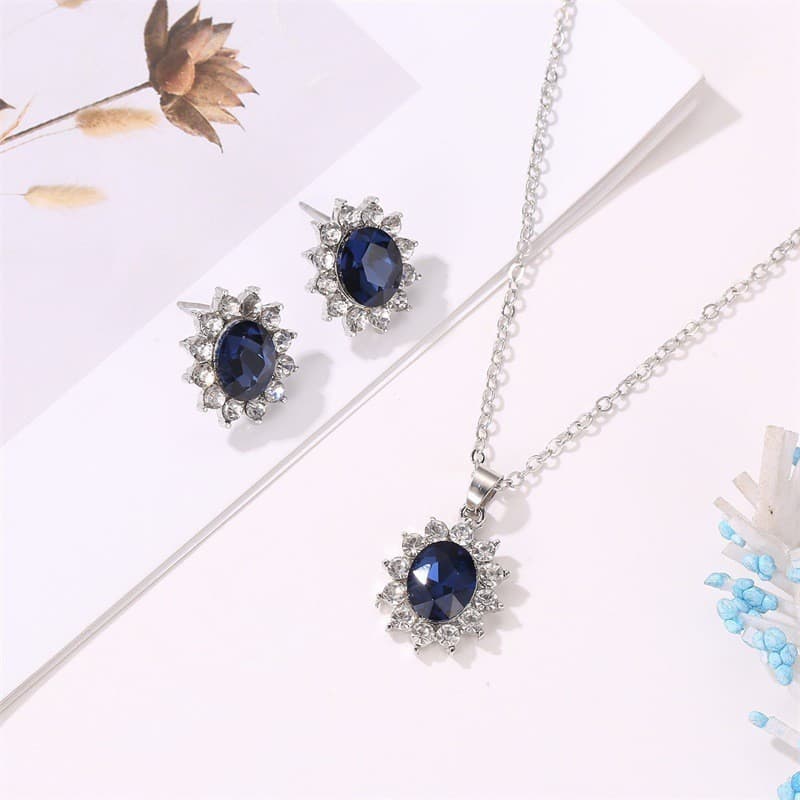 Conjunto de moda europeia americana joias girassol zircão brincos princesa Kate mesmo estilo tanzanita safira colar ping
