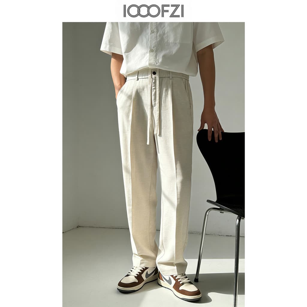 Estilo de dinheiro antigo Drape em linha reta calças casuais dos homens pernas longas verão respirável calças de linho e