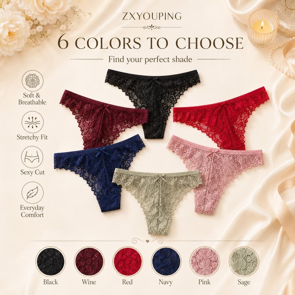 ZXYOUPING 4 Peças Femininas De Renda Floral Tanga Cintura Baixa Detalhe De Laço Macio Algodão Virilha Combinação De Roup