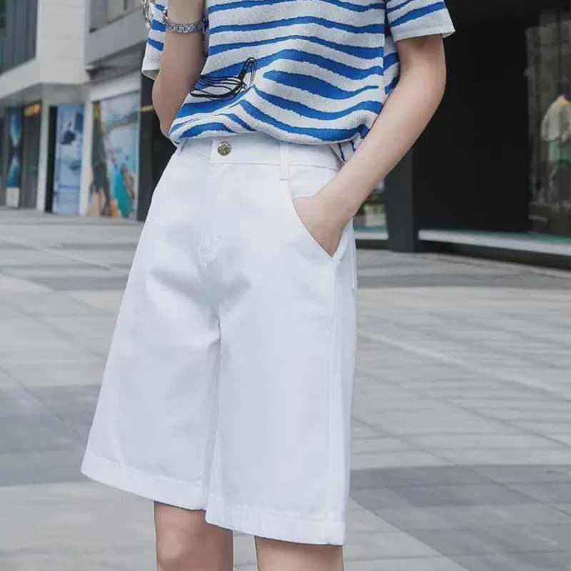 Branco cintura alta Denim Shorts feminino 2026 novo estilo verão estilo fino em linha reta calças de cinco pontos solto