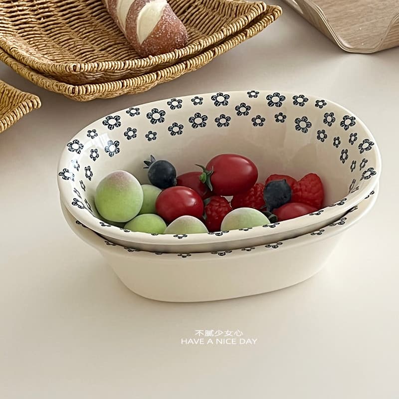 Estilo Retro estilo japonês azul pequeno Floral cerâmica Oval boca profunda salada tigela cerâmica frutas lanche iogurte