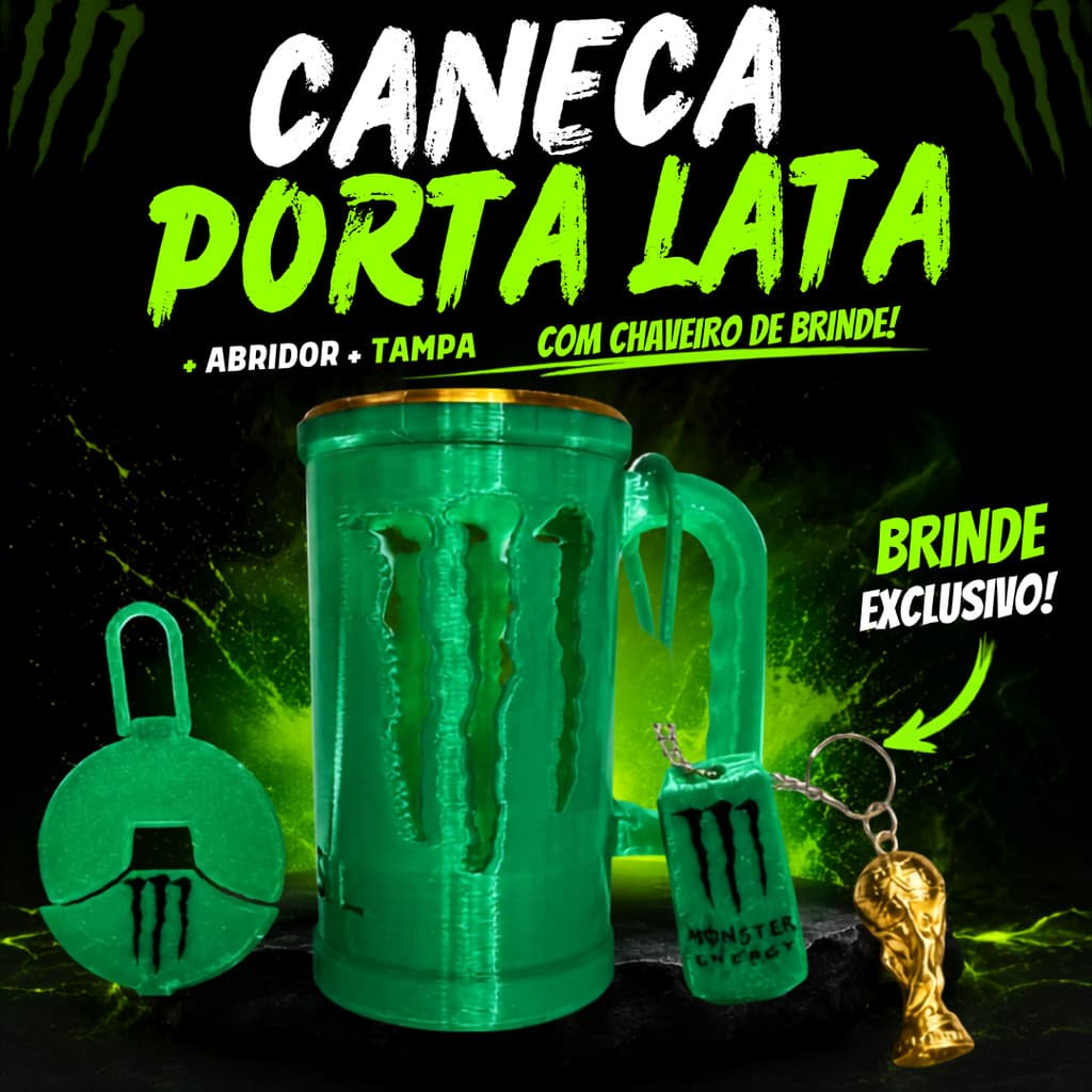 Caneca Porta Lata Monster Verde Com Sem Nome Personalizada+Tampa+Abridor Brinde Chaveiro