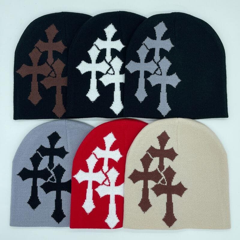 Gorro de Malha Jacquard com Design de Cruz Neutra, Cor Sólida, Para Casais, Quente para Outono e Inverno, Estilo Hip-Hop