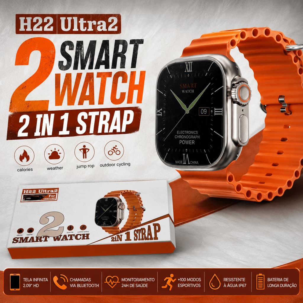 Smartwatch H22 Ultra 2 Tela 2.09 HD Bluetooth Chamadas IP67 Esportivo + Pulseira Extra