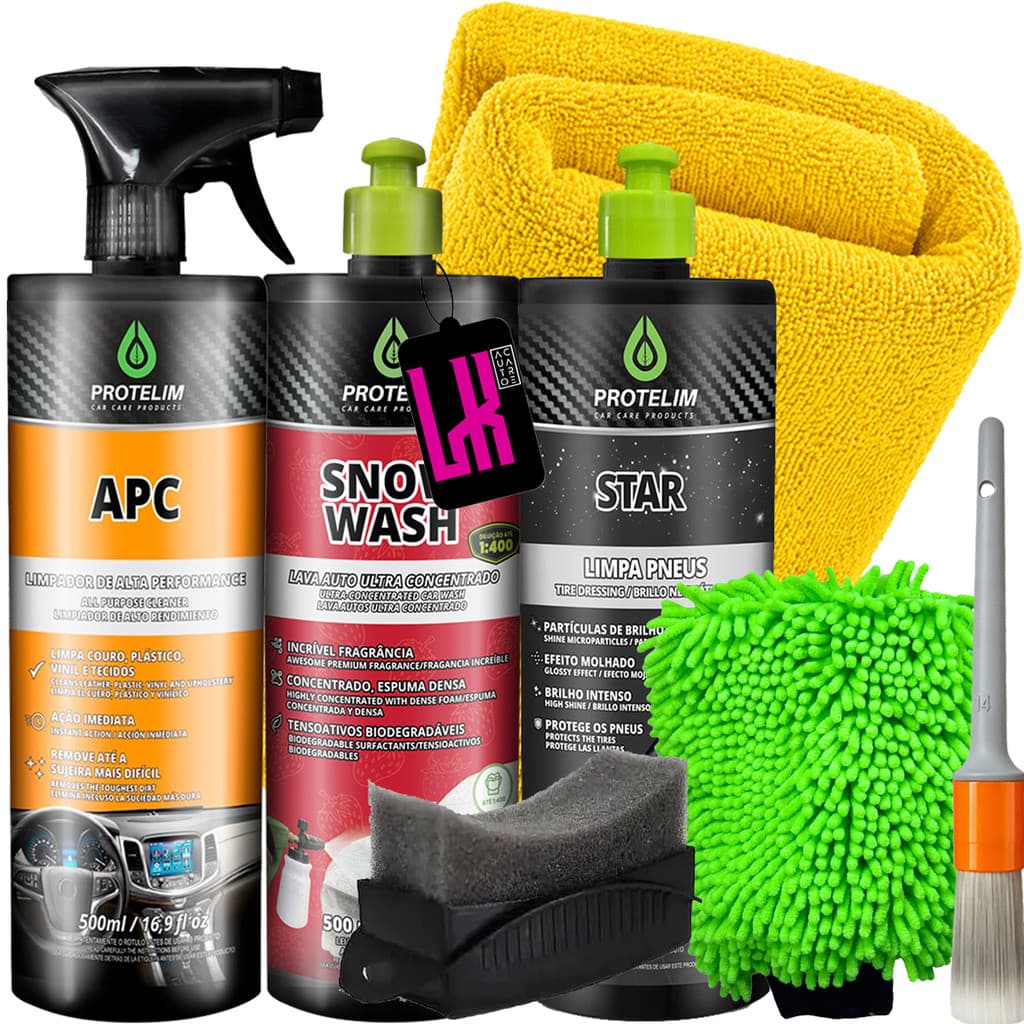 Kit Lavagem Limpeza Carro Snow Wash Shampoo  Neutro Star Pneu Pretinho Brilho Apc Limpa Interna Luva