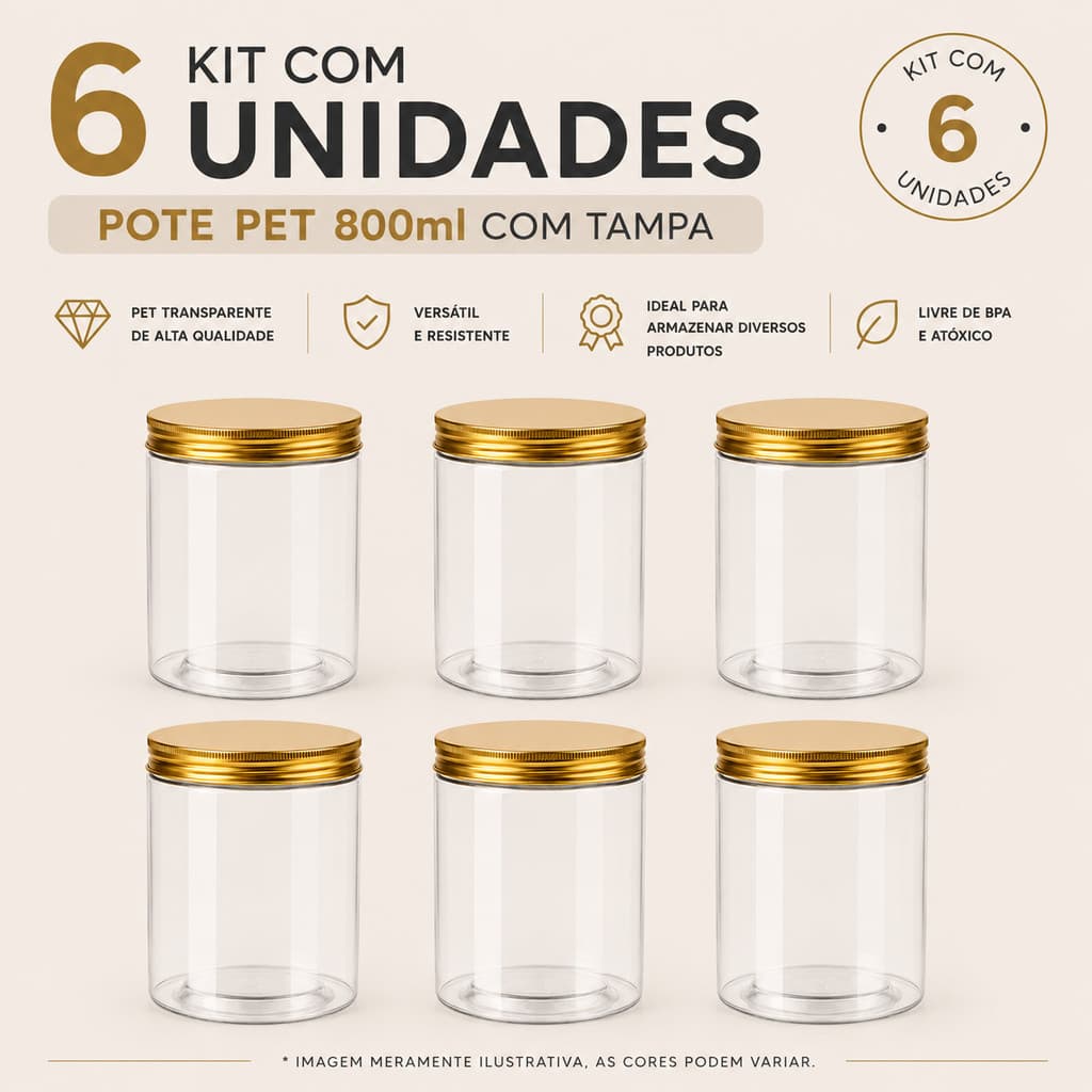 Pote PET Redondo 800ml Kit 6 Tampa Dourada Rosca Cookies Pipoca Gourmet Biscoitos Bombons