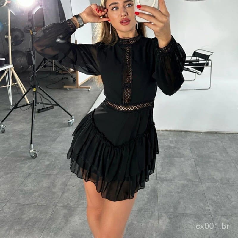 Moda Oca design chiffon Gola Alta Manga Comprida Elegante Vestido De Férias Evasê De Cintura